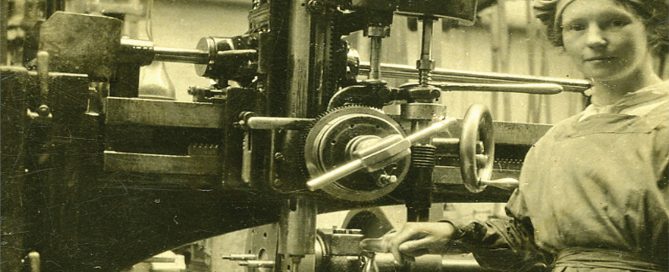 Woman engineer drilling an aero engine crankshaft at the Tongland Works in Galloway