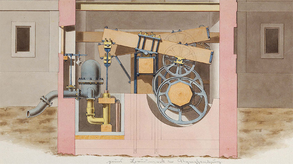 A section of Joseph von Baader’s new hydraulic equipment for pumping water in the Royal Gardens in Nymphenburg, 1804 (Deutsches Museum)